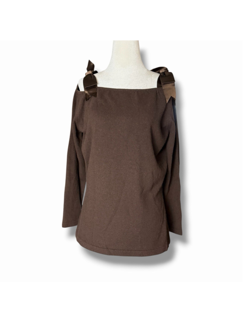 Valerie Louthan Scotland Cashmere Brown Off Shoulder Sweater Bow Straps LG ?